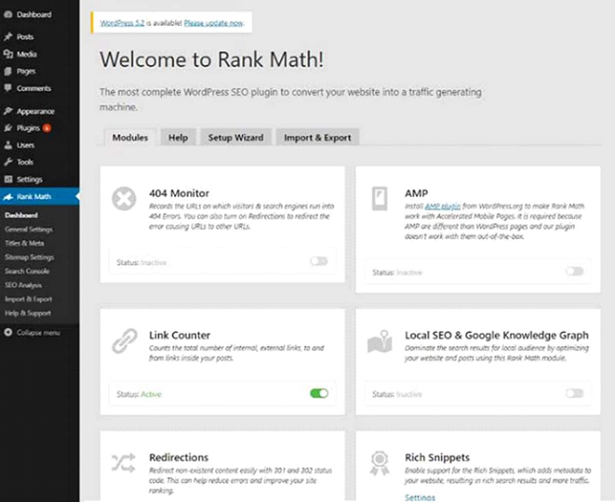 dashboard of rank math seo tool